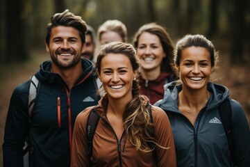 A group of friends in sportswear shares infectious laughter and warm smiles, highlighting the happiness and sense of belonging they find in their shared passion for fitness and active living