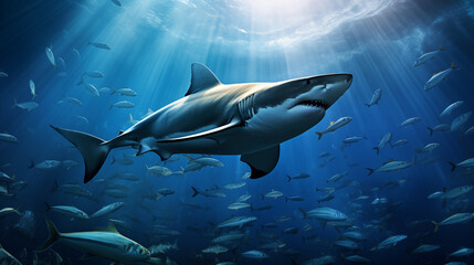 Great white shark swimming in deep blue ocean. 3D Rendering