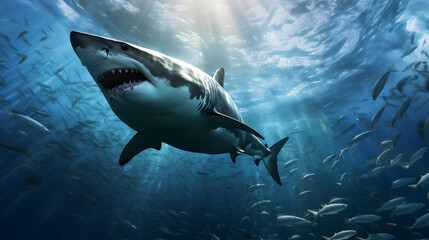 Fototapeta premium Great White Shark in deep blue ocean. 3D Rendering.