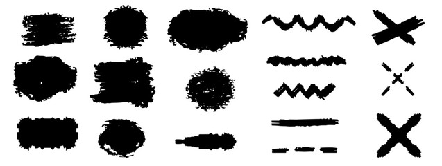 Chalk texture stain set. Hand drawn Doodle charcoal effect stain collection for crayon brush design. Scratch frame shape. Crayon texture effect. Vector illustration. EPS 10
