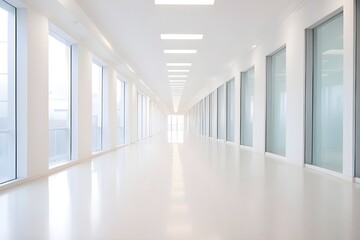 A long, empty office hallway with white walls, floors, and ceiling. Windows line the left side of the wall, letting in natural light. The floor is shiny and white, reflecting the light. The ceiling ha