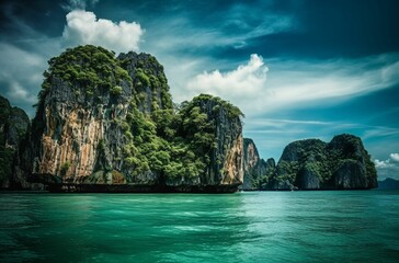 Obraz premium AI generated illustration of a picturesque landscape featuring a body of water surrounded by rocks