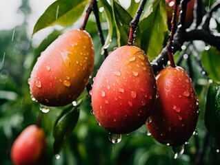 AI generated illustration of wet mangoes on a green branch - obrazy, fototapety, plakaty