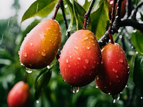 AI generated illustration of wet mangoes on a green branch