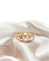 AI generated illustration of a golden ring with a white gem on a pristine white satin sheet