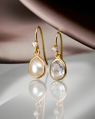 AI generated illustration of a pair of gold earrings featuring a white pearl and a diamond