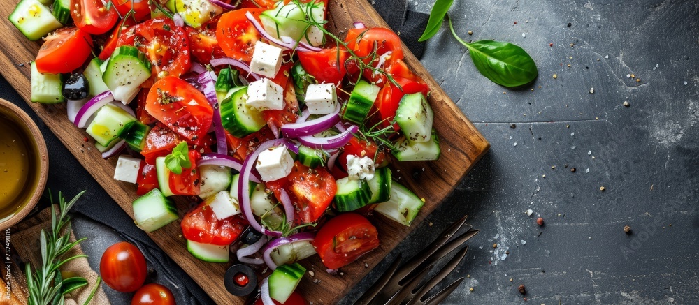 Sticker a delicious salad made with natural foods like tomatoes, cucumbers, onions, and feta cheese. present