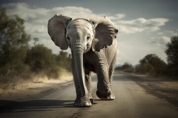 Fototapeta na wymiar Majestic African elephant walking along a rural dirt road, ai-generated