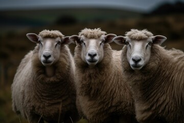 Fototapeta premium Flock of sheep standing in a lush, green grassy field, looking directly at the camera, ai-generated