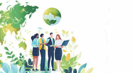 Business people collaborate for green business idea on white background.Sustainable economic growth strategy.ESG concept.Flat vector illustration.