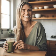 AI generated illustration of a woman with a bright smile holding a glass of green juice - obrazy, fototapety, plakaty