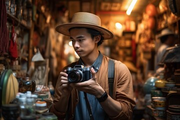 A traveler capturing the vibrancy of a busy Asian market using a vintage camera, AI-generated.