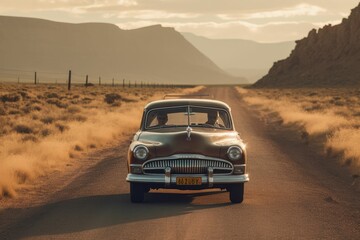 AI generated illustration of an old car cruising down a dusty road in the middle of a desert