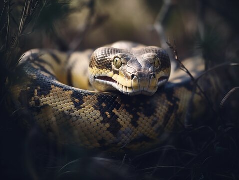 AI generated illustration of a yellow and black snake sitting in the jungle leaves and plants