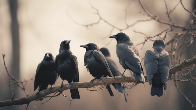 AI generated illustration of crows perched on top of a branch together in the winter