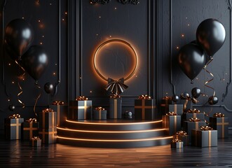 Glowing Gift Circle: A Black and Orange Themed Decoration for a Holiday Party Generative AI