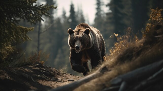 AI generated illustration of a brown bear walking across the brushy hillside