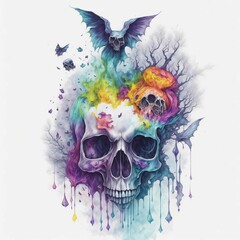 AI generated illustration of an abstract colorful exploding skull design on a white background