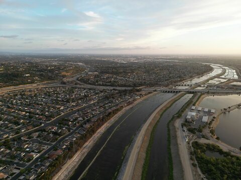 Aerial view of Anaheim Hills, California, with the Santa Ana River visible nearby