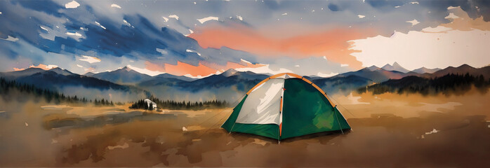 Tent against the backdrop of the mountains, camping in the wild. Watercolor drawing, generative ai.