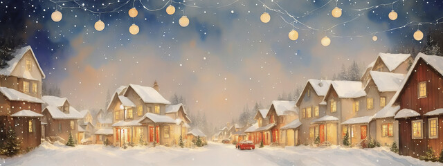 Small Christmas houses in snowy winter, falling snowflakes. Watercolor drawing, generative ai.
