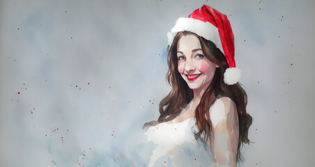 Christmas girl santa claus in a red cap. Watercolor drawing, generative ai.