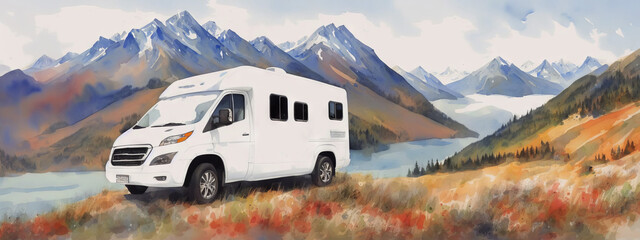 Mobile home on the road. Summer holiday in the mountains on a camper. Watercolor drawing, generative ai.