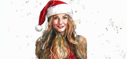Christmas girl santa claus in a red cap. Watercolor drawing, generative ai.