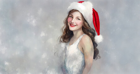 Christmas girl santa claus in a red cap. Watercolor drawing, generative ai.