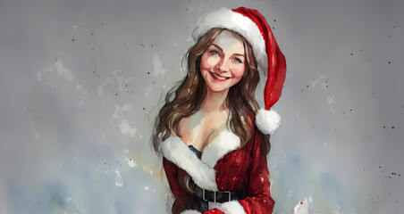 Christmas girl santa claus in a red cap. Watercolor drawing, generative ai.