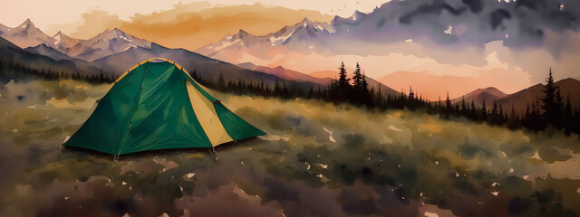 Tent against the backdrop of the mountains, camping in the wild. Watercolor drawing, generative ai.