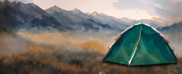 Tent against the backdrop of the mountains, camping in the wild. Watercolor drawing, generative ai.