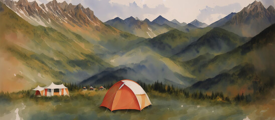 Tent against the backdrop of the mountains, camping in the wild. Watercolor drawing, generative ai.