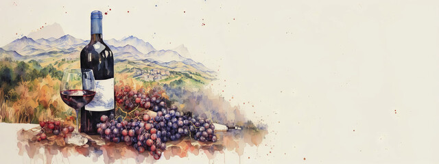 A bottle of wine with a vineyard on the background of a plantation. Drawing, generative ai.