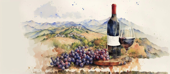 A bottle of wine with a vineyard on the background of a plantation. Drawing, generative ai.