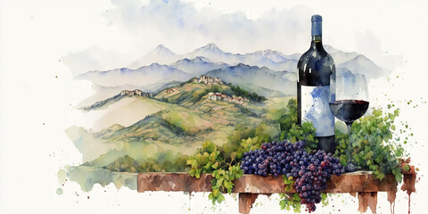 A bottle of wine with a vineyard on the background of a plantation. Drawing, generative ai.
