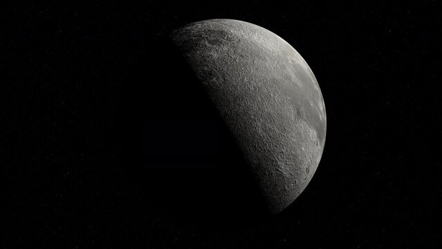 Orbiting first quarter moon with a dark side in the black sky