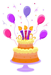 Funny simple cartoon orange jelly birthday cake with candles, balloons and confetti, vector. Isolated on white background.