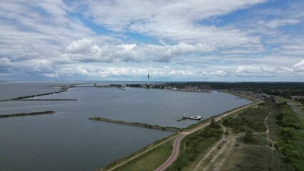Fototapeta na wymiar Aerial shot of the bustling port of Lelystad Haven in the Netherlands.