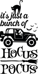 Vector of a tuck car with a cat sitting on the text 'it's just a bunch of hocus pocus'