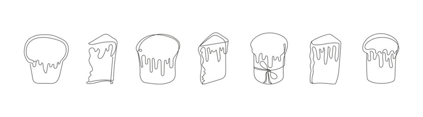 Set of Easter Kulich cakes with icing. Continuous one line drawing. Traditional Ukrainian Easter cupcakes. Vector illustration isolated on white. Design element for print, greeting, scrapbooking.