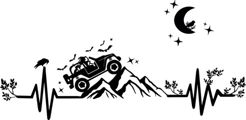 Vector of a silhouette of a truck car driving atop a jagged cliff