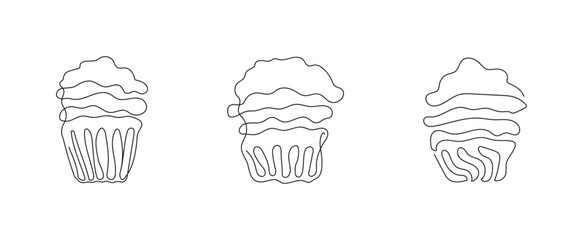 Set of cupcakes in style of continuous one line drawing. Simple line art of muffins with wavy frosting. Black and white vector. Design elements for greeting, postcard, print, scrapbooking.