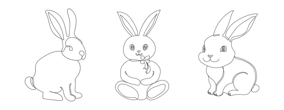 Set of Rabbits. Continuous one line drawing. Simple line art of Easter Bunnies. Isolated on white background. Minimalist style. Design element. For print, greeting, postcard, scrapbooking