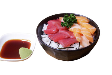 Japanese food, Raw fish placed on a plate and rice. Ready to eat.