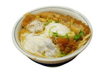 Donburi rice in a bowl with curry and eggs and chicken.