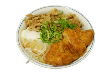 Donburi rice in a bowl with curry and eggs and chicken.