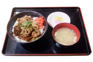 The pork rice bowl set includes soup.