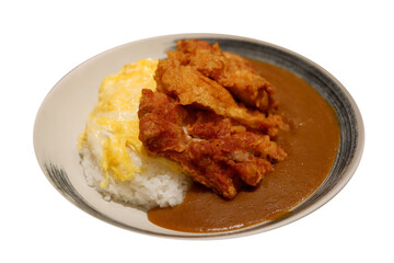 Curry rice topped with rice in a plate.
