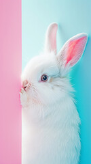 Obraz premium White fluffy bunny peeking from edge. Pastel pink and blue background. Copy space. Greeting card concept. Generative AI